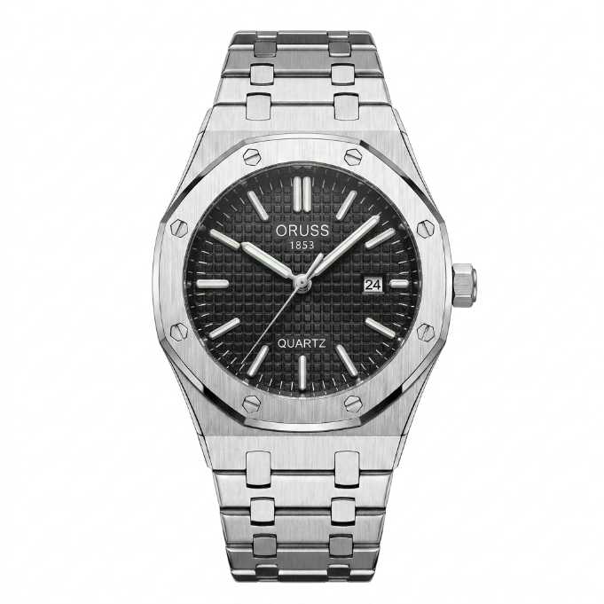ORUSS 1853 Men's Watch Sporty Casual Octagonal Stainless Steel Bracelet Black Blue Grid Dial Quartz Logo Date Window Formal Daily Wear Office Anniversary Birthday Gift