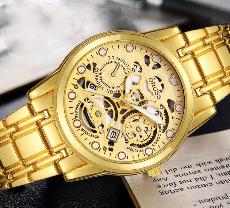 ORUSS Men Sport Quartz Watch Round Hollow Skeleton Dial Date Window Decorative Sub-Dials Polished Metal Link Band Business Casual Male Fashion Wrist Watch