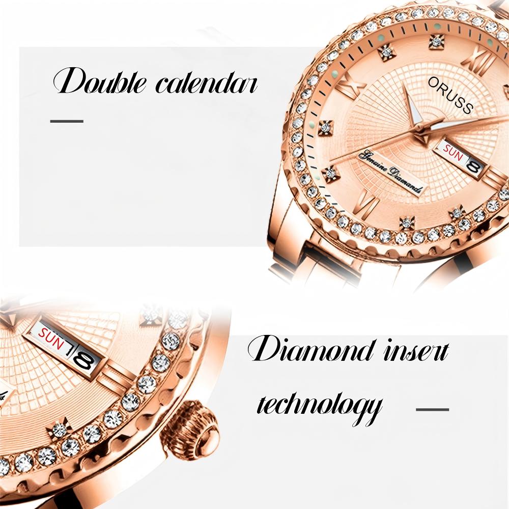 ORUSS Ladies Fashion Quartz Watch Round Crystal Bezel Roman Numeral Dial Day & Date Dual Display Metal Link Bracelet Elegant Female Dress Wrist Watch