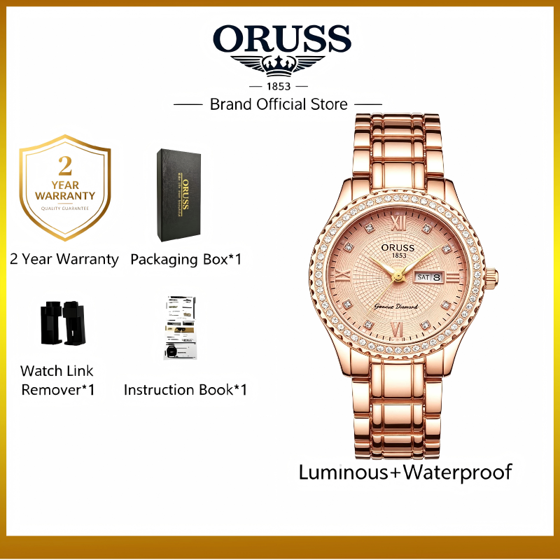 ORUSS Ladies Fashion Quartz Watch Round Crystal Bezel Roman Numeral Dial Day & Date Dual Display Metal Link Bracelet Elegant Female Dress Wrist Watch