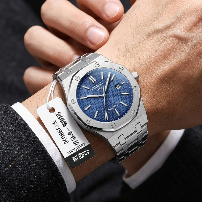 ORUSS 1853 Men's Watch Sporty Casual Octagonal Stainless Steel Bracelet Black Blue Grid Dial Quartz Logo Date Window Formal Daily Wear Office Anniversary Birthday Gift