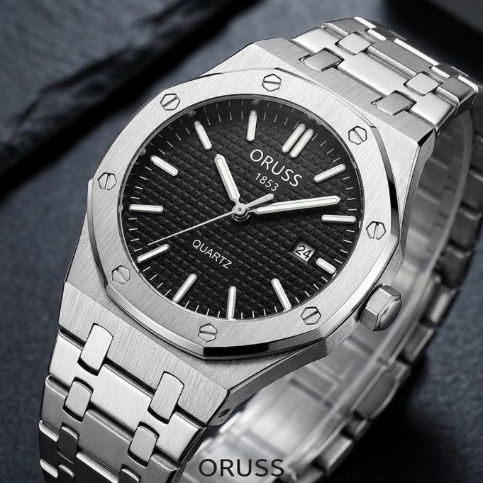 ORUSS 1853 Men's Watch Sporty Casual Octagonal Stainless Steel Bracelet Black Blue Grid Dial Quartz Logo Date Window Formal Daily Wear Office Anniversary Birthday Gift
