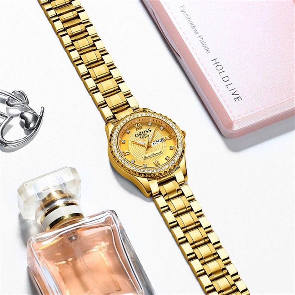 ORUSS Ladies Fashion Quartz Watch Round Crystal Bezel Roman Numeral Dial Day & Date Dual Display Metal Link Bracelet Elegant Female Dress Wrist Watch