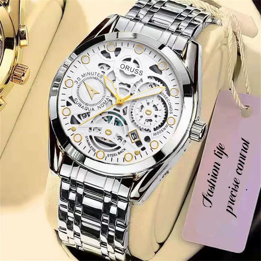 ORUSS Men Sport Quartz Watch Round Hollow Skeleton Dial Date Window Decorative Sub-Dials Polished Metal Link Band Business Casual Male Fashion Wrist Watch