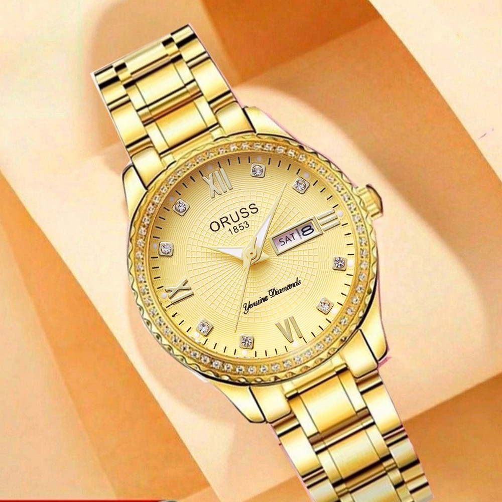 ORUSS Ladies Fashion Quartz Watch Round Crystal Bezel Roman Numeral Dial Day & Date Dual Display Metal Link Bracelet Elegant Female Dress Wrist Watch