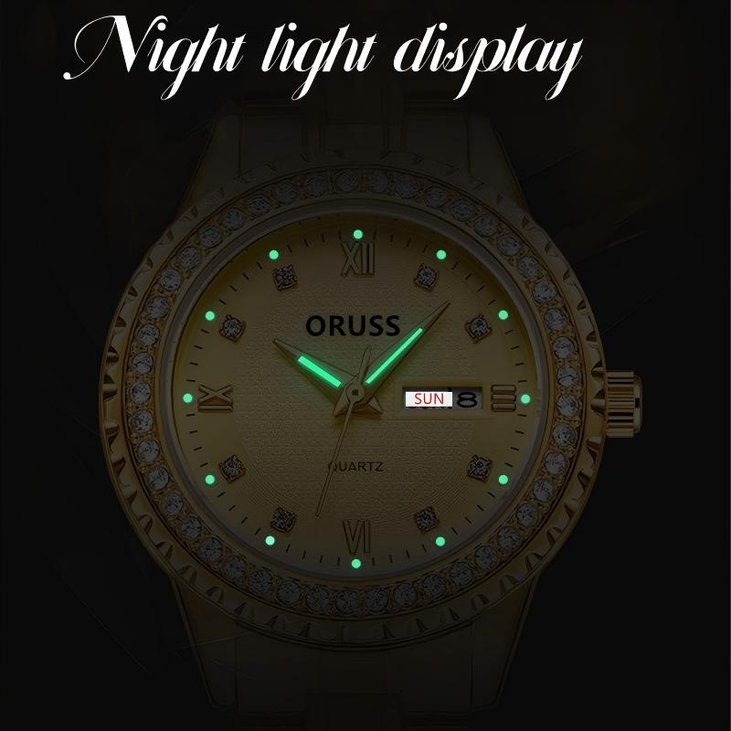 ORUSS Ladies Fashion Quartz Watch Round Crystal Bezel Roman Numeral Dial Day & Date Dual Display Metal Link Bracelet Elegant Female Dress Wrist Watch