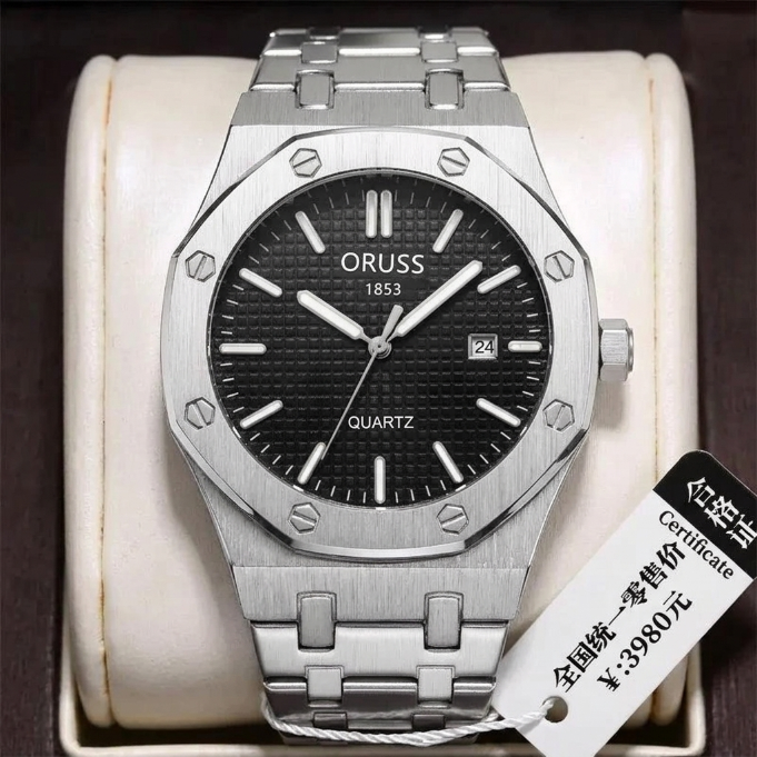 ORUSS 1853 Men's Watch Sporty Casual Octagonal Stainless Steel Bracelet Black Blue Grid Dial Quartz Logo Date Window Formal Daily Wear Office Anniversary Birthday Gift