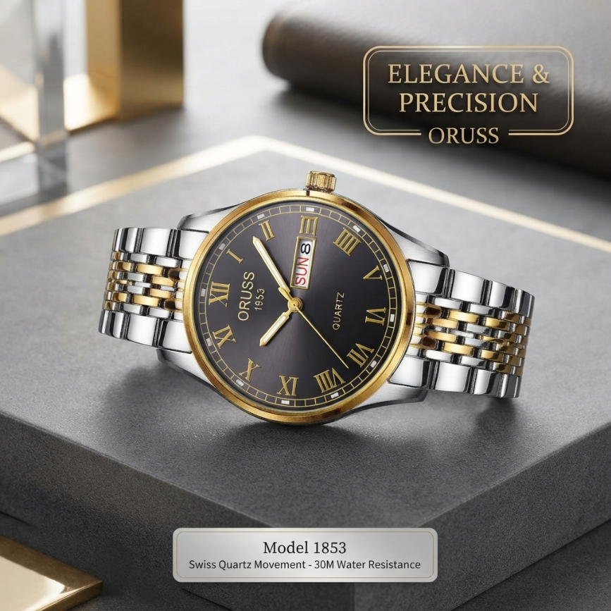 ORUSS 1853 Mens Classic Business Quartz Watch Two Tone Gold Silver Stainless Steel Bracelet Black Roman Numeral Dial Day Date 1853 Logo Formal Daily Wear Wedding Anniversary Birthday Gift
