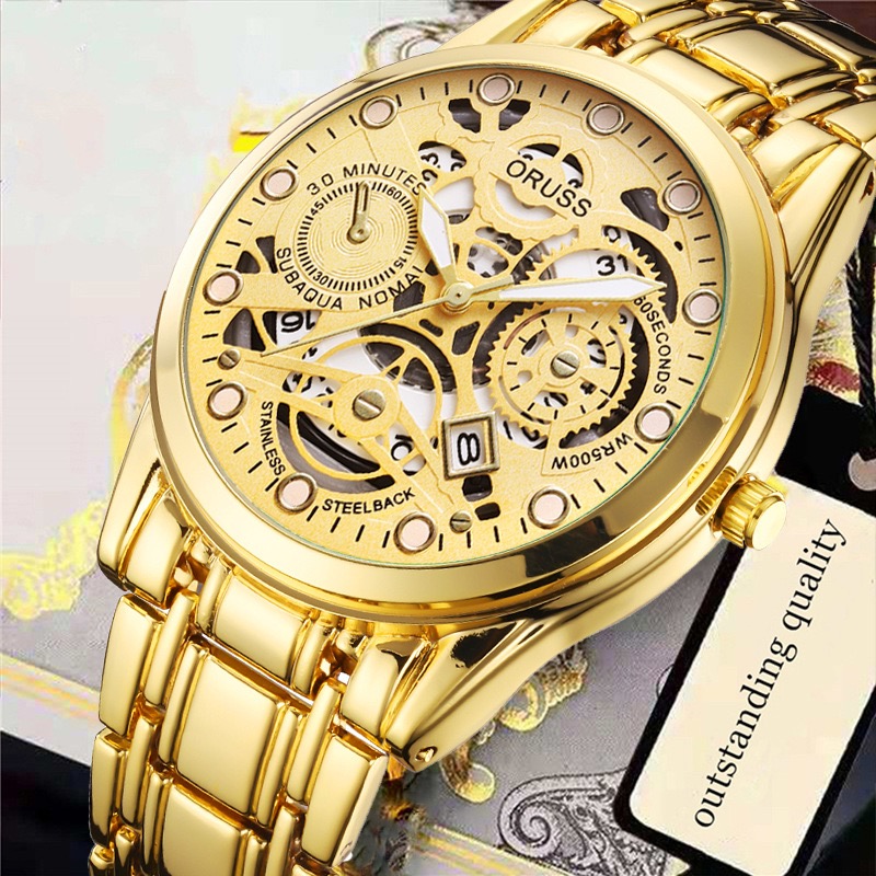 ORUSS Men Sport Quartz Watch Round Hollow Skeleton Dial Date Window Decorative Sub-Dials Polished Metal Link Band Business Casual Male Fashion Wrist Watch