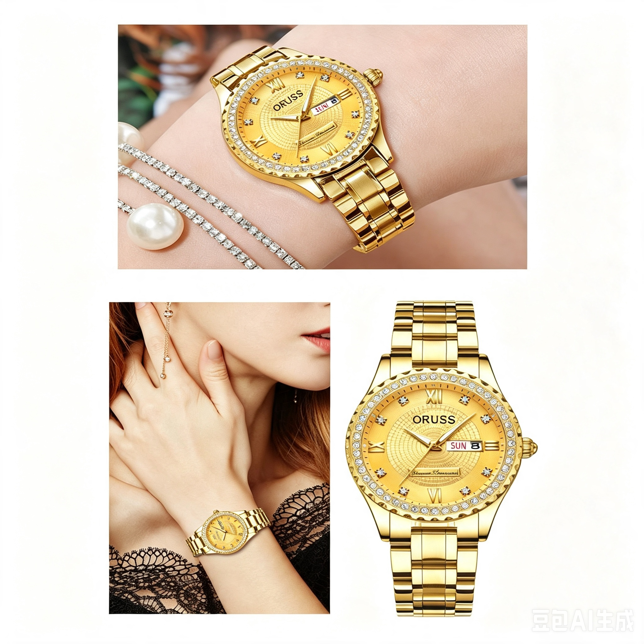 ORUSS Ladies Fashion Quartz Watch Round Crystal Bezel Roman Numeral Dial Day & Date Dual Display Metal Link Bracelet Elegant Female Dress Wrist Watch