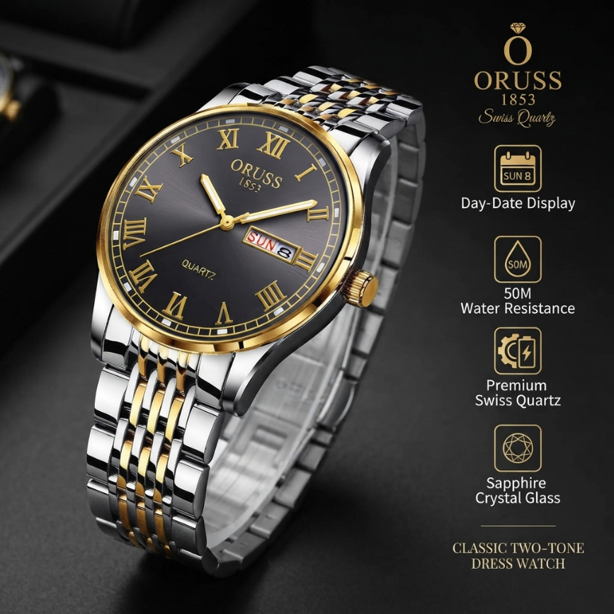 ORUSS 1853 Mens Classic Business Quartz Watch Two Tone Gold Silver Stainless Steel Bracelet Black Roman Numeral Dial Day Date 1853 Logo Formal Daily Wear Wedding Anniversary Birthday Gift