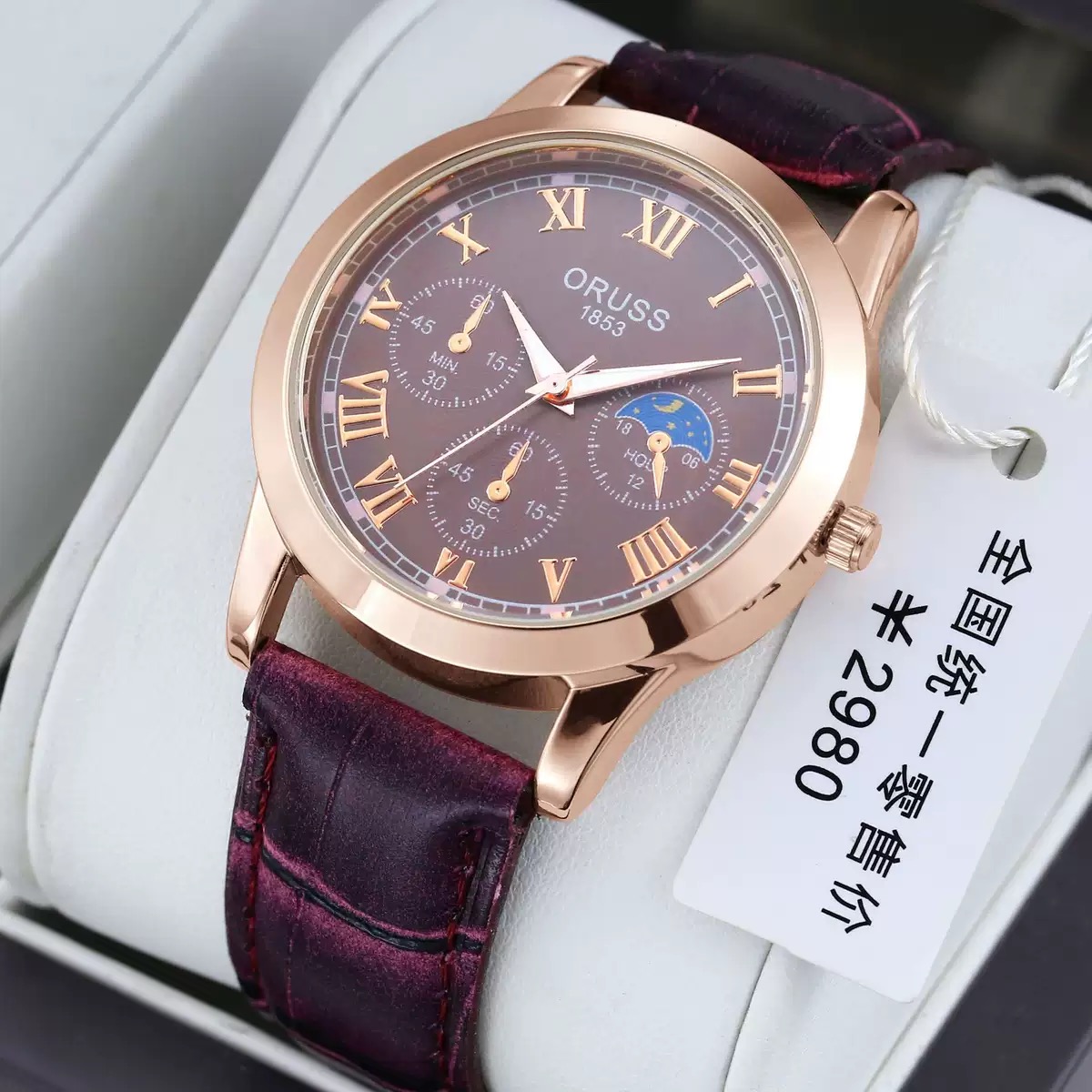 ORUSS Men Business Quartz Watch Round Case Roman Numeral Dial Moon Phase Display Multi Decorative Sub-Dials Crocodile Texture Leather Strap Vintage Male Dress Wrist Watch