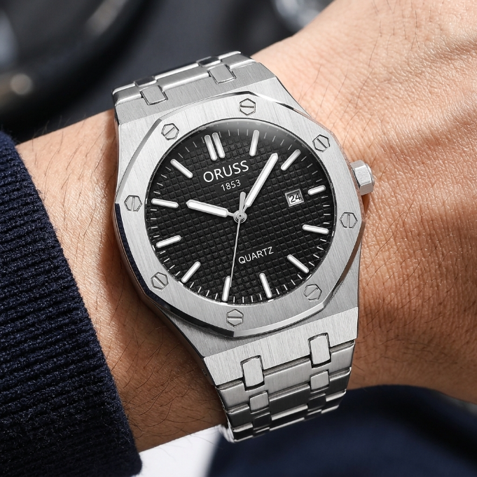 ORUSS 1853 Men's Watch Sporty Casual Octagonal Stainless Steel Bracelet Black Blue Grid Dial Quartz Logo Date Window Formal Daily Wear Office Anniversary Birthday Gift