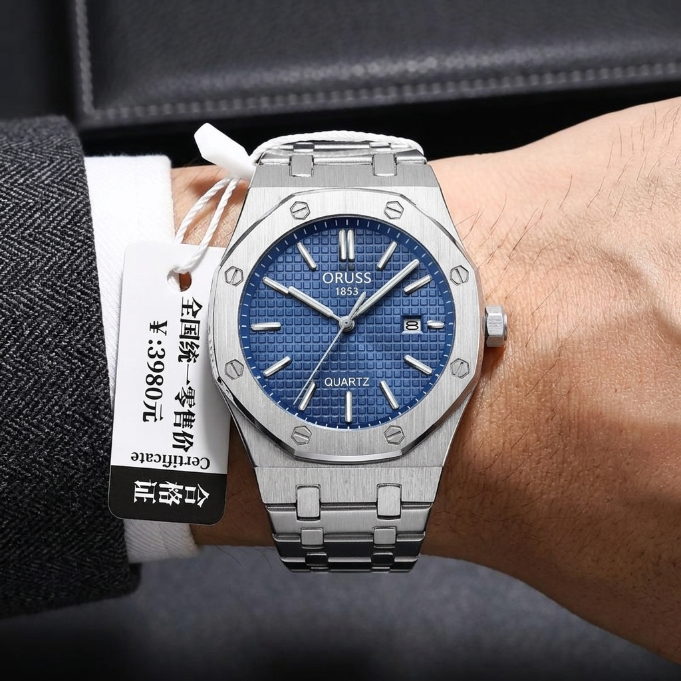 ORUSS 1853 Men's Watch Sporty Casual Octagonal Stainless Steel Bracelet Black Blue Grid Dial Quartz Logo Date Window Formal Daily Wear Office Anniversary Birthday Gift