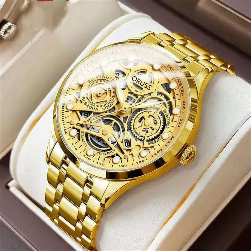 ORUSS Men Sport Quartz Watch Round Hollow Skeleton Dial Date Window Decorative Sub-Dials Polished Metal Link Band Business Casual Male Fashion Wrist Watch