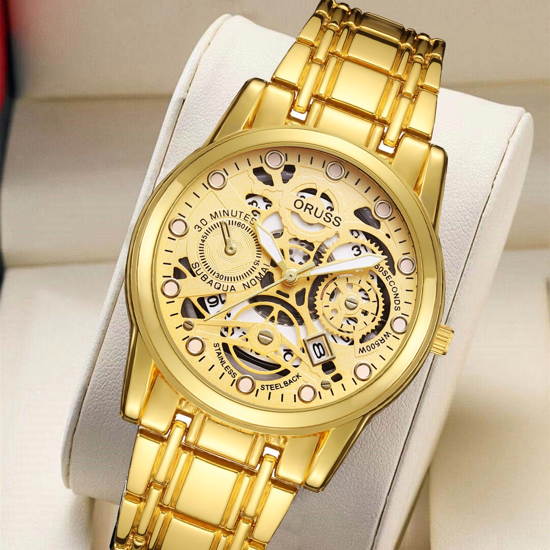 ORUSS Men Sport Quartz Watch Round Hollow Skeleton Dial Date Window Decorative Sub-Dials Polished Metal Link Band Business Casual Male Fashion Wrist Watch