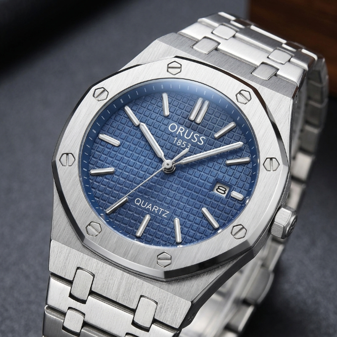 ORUSS 1853 Men's Watch Sporty Casual Octagonal Stainless Steel Bracelet Black Blue Grid Dial Quartz Logo Date Window Formal Daily Wear Office Anniversary Birthday Gift