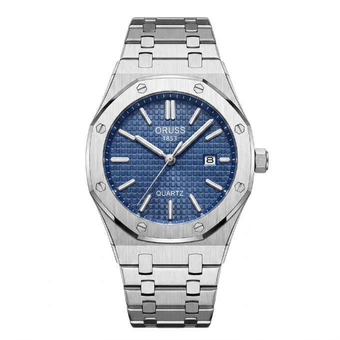 ORUSS 1853 Men's Watch Sporty Casual Octagonal Stainless Steel Bracelet Black Blue Grid Dial Quartz Logo Date Window Formal Daily Wear Office Anniversary Birthday Gift