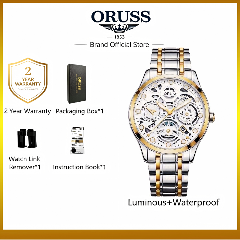 ORUSS Men Sport Quartz Watch Round Hollow Skeleton Dial Date Window Decorative Sub-Dials Polished Metal Link Band Business Casual Male Fashion Wrist Watch
