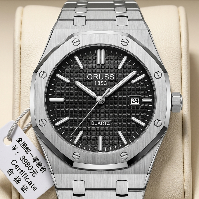 ORUSS 1853 Men's Watch Sporty Casual Octagonal Stainless Steel Bracelet Black Blue Grid Dial Quartz Logo Date Window Formal Daily Wear Office Anniversary Birthday Gift