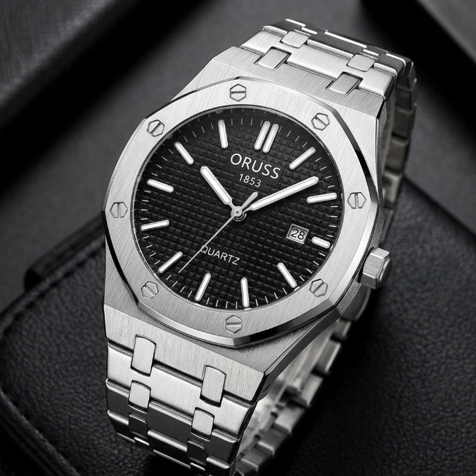 ORUSS 1853 Men's Watch Sporty Casual Octagonal Stainless Steel Bracelet Black Blue Grid Dial Quartz Logo Date Window Formal Daily Wear Office Anniversary Birthday Gift