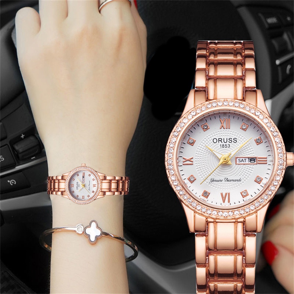 ORUSS Ladies Fashion Quartz Watch Round Crystal Bezel Roman Numeral Dial Day & Date Dual Display Metal Link Bracelet Elegant Female Dress Wrist Watch
