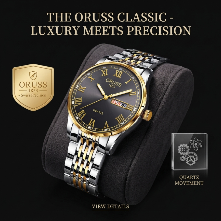 ORUSS 1853 Mens Classic Business Quartz Watch Two Tone Gold Silver Stainless Steel Bracelet Black Roman Numeral Dial Day Date 1853 Logo Formal Daily Wear Wedding Anniversary Birthday Gift