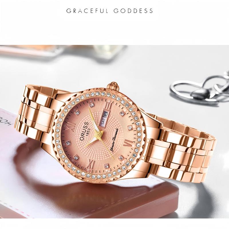 ORUSS Ladies Fashion Quartz Watch Round Crystal Bezel Roman Numeral Dial Day & Date Dual Display Metal Link Bracelet Elegant Female Dress Wrist Watch
