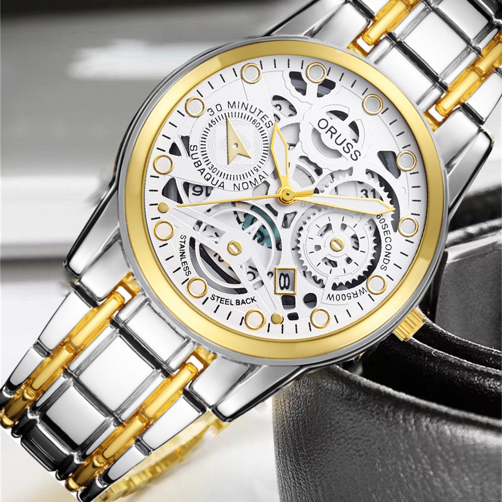 ORUSS Men Sport Quartz Watch Round Hollow Skeleton Dial Date Window Decorative Sub-Dials Polished Metal Link Band Business Casual Male Fashion Wrist Watch