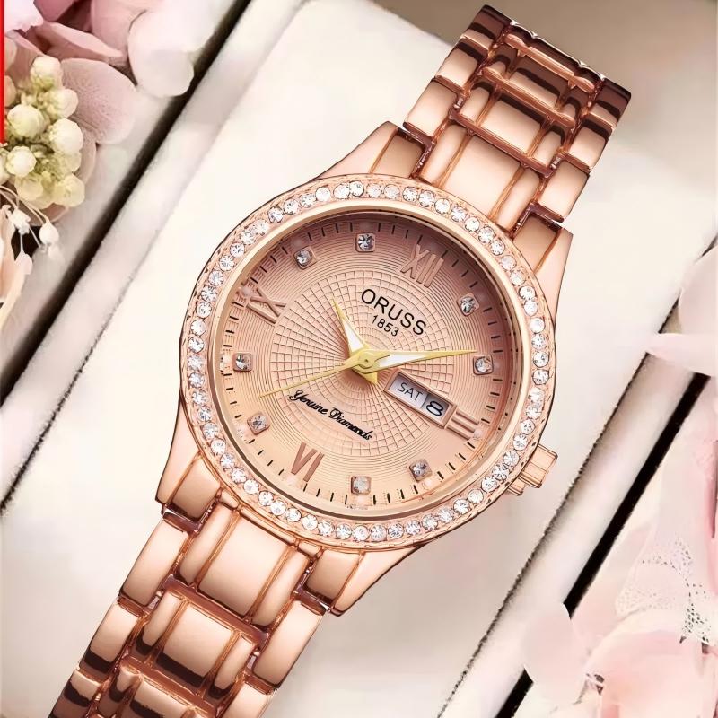 ORUSS Ladies Fashion Quartz Watch Round Crystal Bezel Roman Numeral Dial Day & Date Dual Display Metal Link Bracelet Elegant Female Dress Wrist Watch