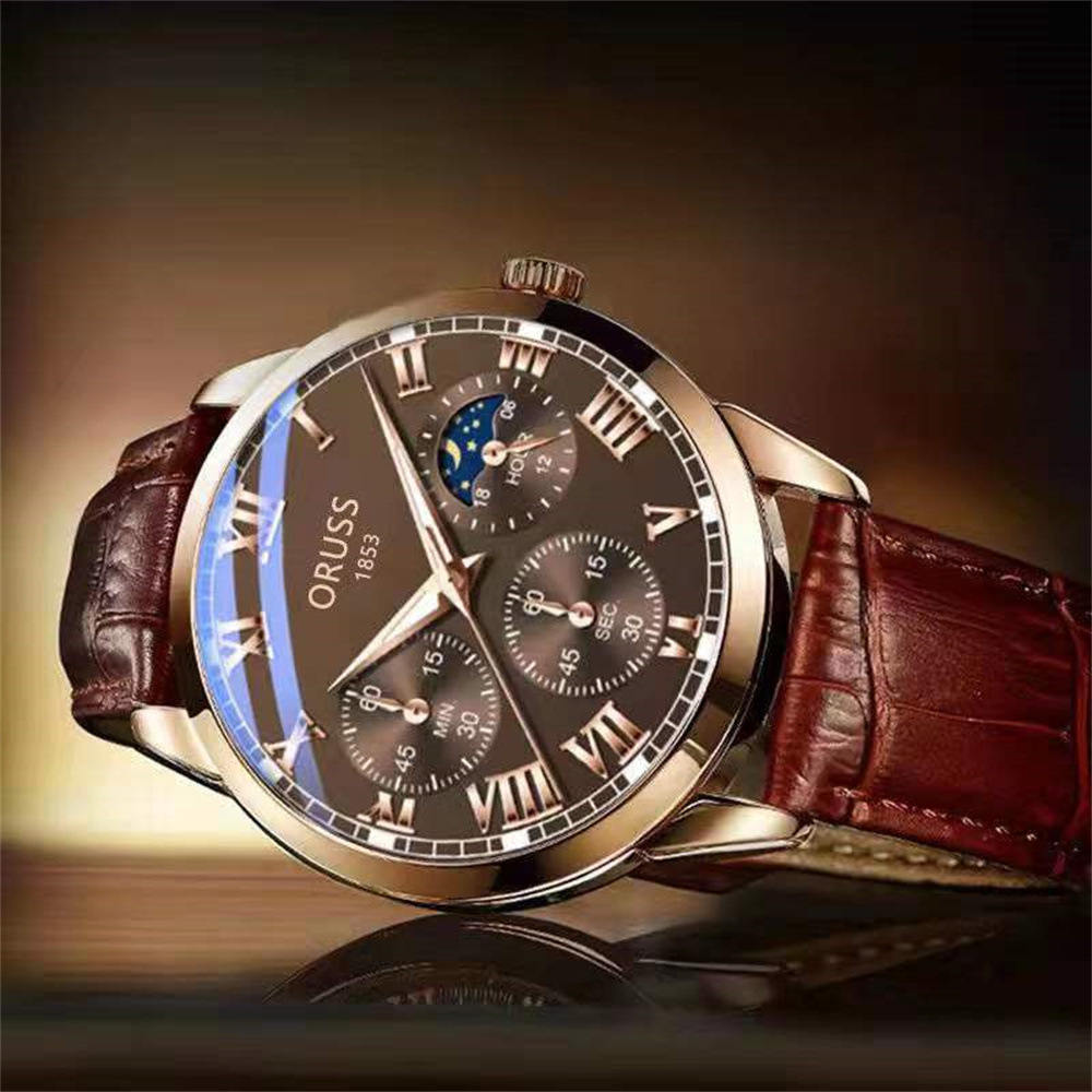ORUSS Men Business Quartz Watch Round Case Roman Numeral Dial Moon Phase Display Multi Decorative Sub-Dials Crocodile Texture Leather Strap Vintage Male Dress Wrist Watch