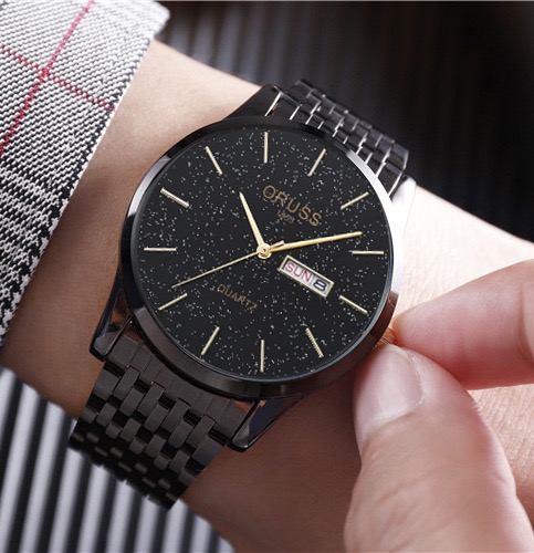 ORUSS 1853 All Black Men Quartz Watch Starry Sky Glitter Dial Stainless Steel Band Wristwatch Luminous Week Date Dual Display Waterproof Minimalist Male Watch With Original Gift Box
