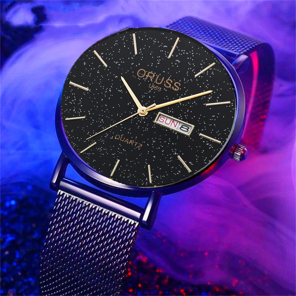 ORUSS 1853 Men Starry Sky Dial Quartz Watch Mesh Steel Band Business Wristwatch Luminous Date Week Display Waterproof Casual Male Watch With Original Gift Box 2 Years Warranty