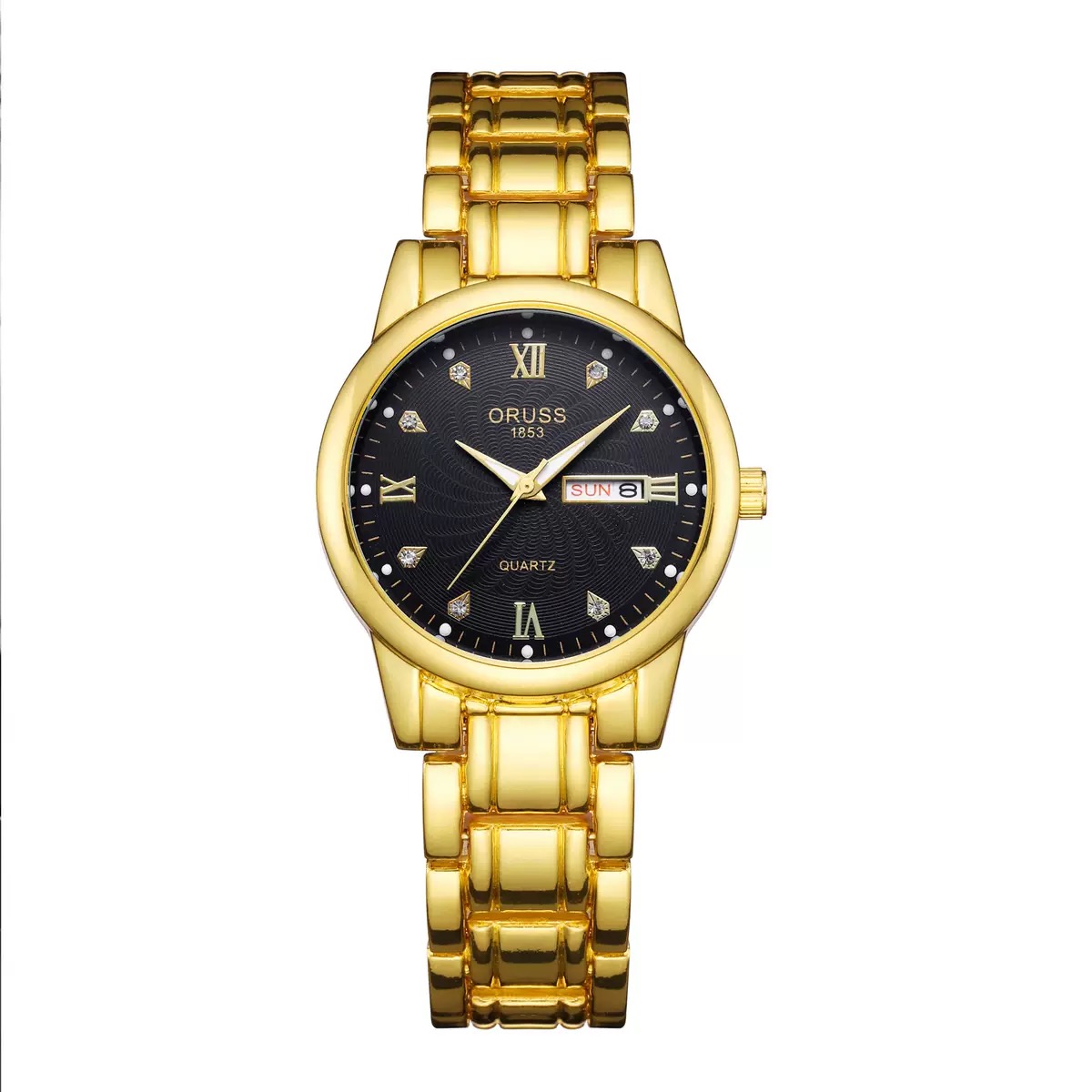 ORUSS 1853 Two-Tone Stainless Steel Women Quartz Watch, White Textured Dial Crystal Markers Day Date Ladies Dress Wrist Watch Gift Set With Original Brand Gift Box