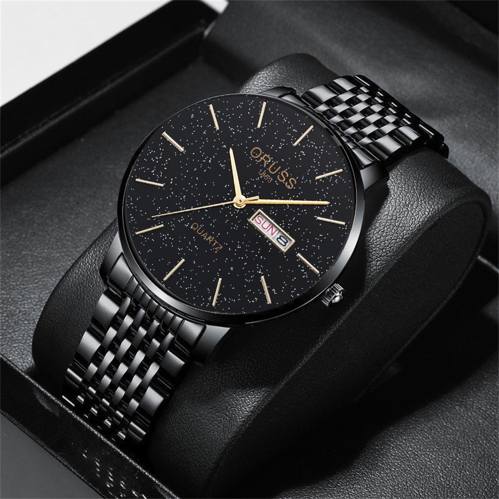 ORUSS 1853 All Black Men Quartz Watch Starry Sky Glitter Dial Stainless Steel Band Wristwatch Luminous Week Date Dual Display Waterproof Minimalist Male Watch With Original Gift Box