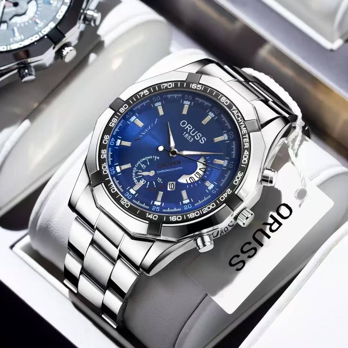 ORUSS Men Stainless Steel Chronograph Wrist Watch, Luminous Blue Dial Calendar Quartz Watch Business Sports Watch Gift Set With Brand Gift Box