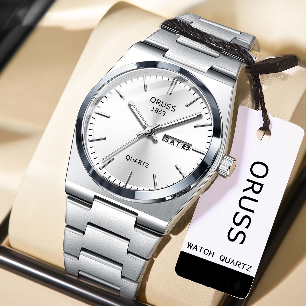 ORUSS 1853 Men's Watch Minimalist Tonneau Style Quartz Watch Brushed Stainless Steel Bracelet Black Blue Sunburst Dial Dual Calendar For Casual Business Wear