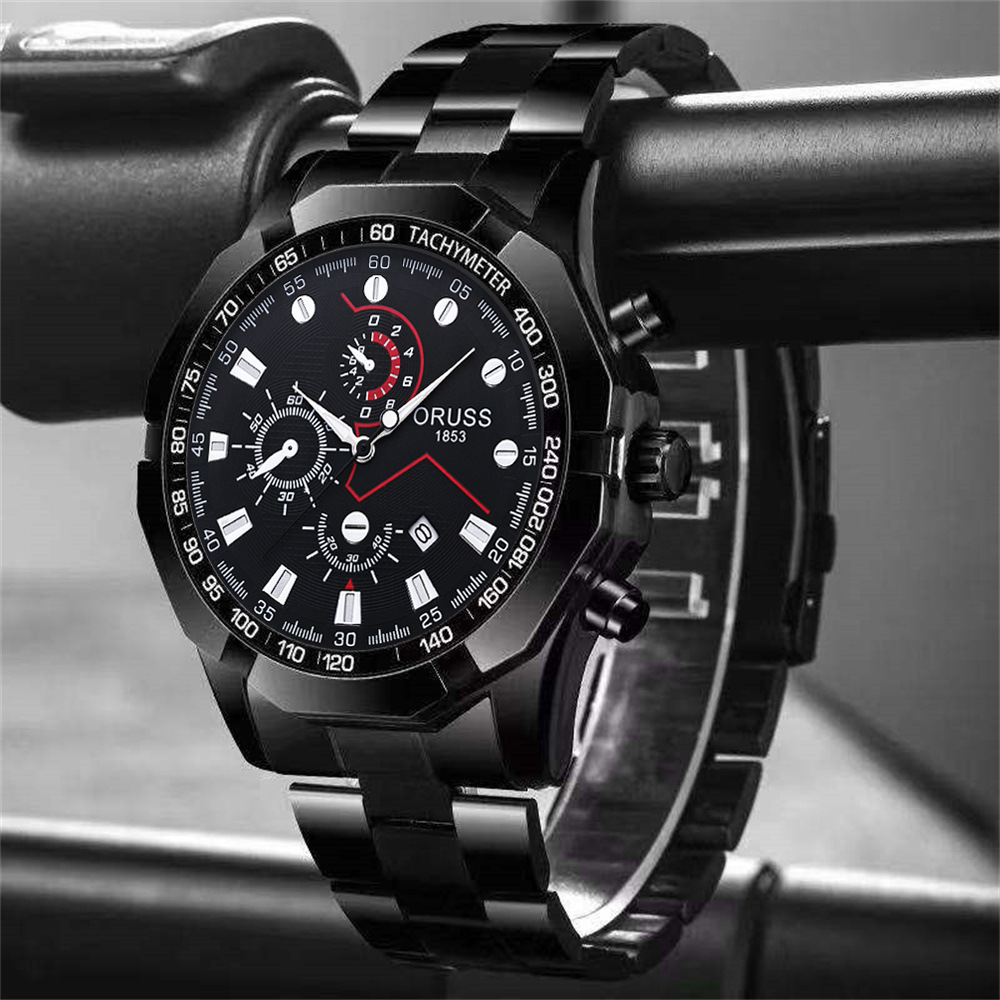 ORUSS Men's Watch Multifunction Three-Eye Chronograph Watch Waterproof Business Stainless Steel Bracelet Wristwatch For Daily Wear Office Work Sports Holiday Gift