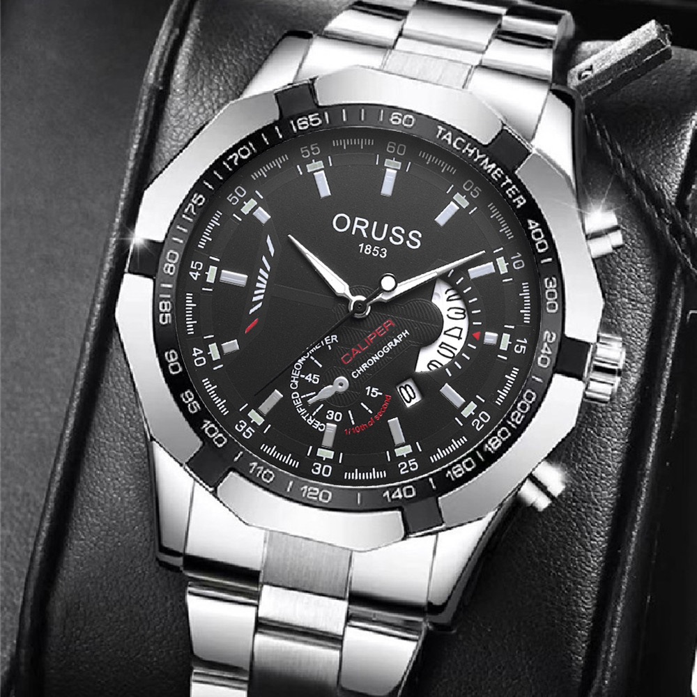 ORUSS Men Stainless Steel Chronograph Wrist Watch, Luminous Blue Dial Calendar Quartz Watch Business Sports Watch Gift Set With Brand Gift Box