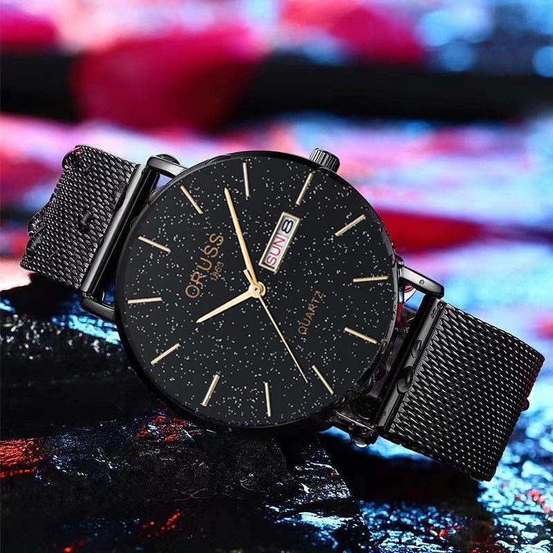 ORUSS 1853 Men Starry Sky Dial Quartz Watch Mesh Steel Band Business Wristwatch Luminous Date Week Display Waterproof Casual Male Watch With Original Gift Box 2 Years Warranty