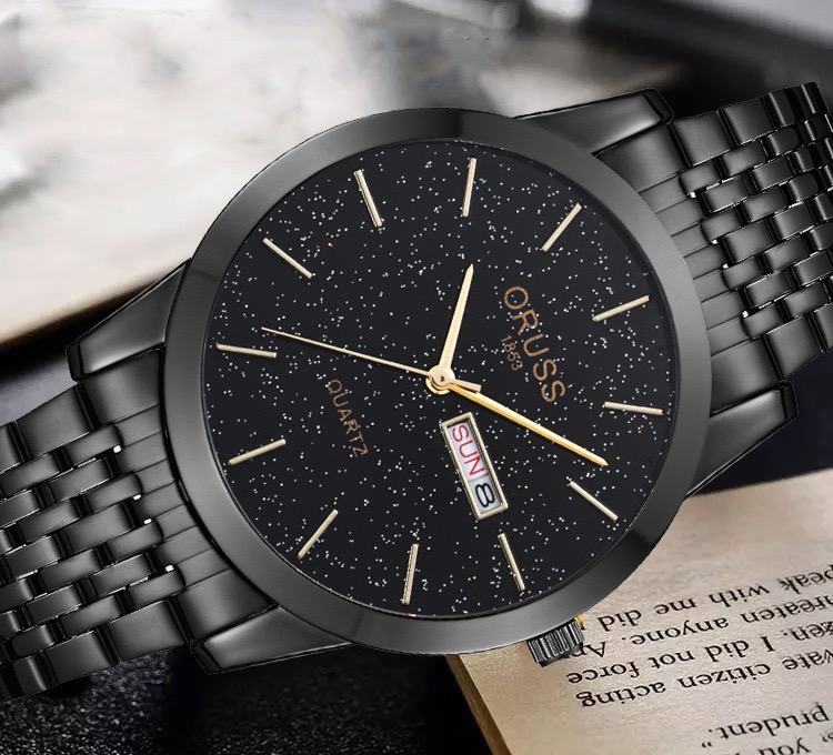 ORUSS 1853 All Black Men Quartz Watch Starry Sky Glitter Dial Stainless Steel Band Wristwatch Luminous Week Date Dual Display Waterproof Minimalist Male Watch With Original Gift Box