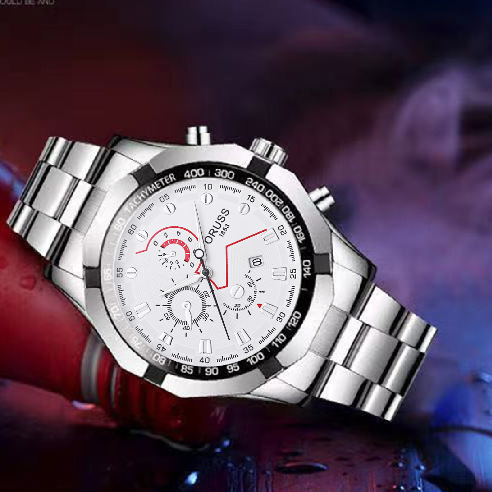 ORUSS Men's Watch Multifunction Three-Eye Chronograph Watch Waterproof Business Stainless Steel Bracelet Wristwatch For Daily Wear Office Work Sports Holiday Gift