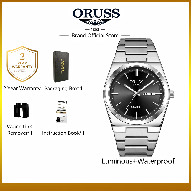 ORUSS 1853 Men's Watch Minimalist Tonneau Style Quartz Watch Brushed Stainless Steel Bracelet Black Blue Sunburst Dial Dual Calendar For Casual Business Wear
