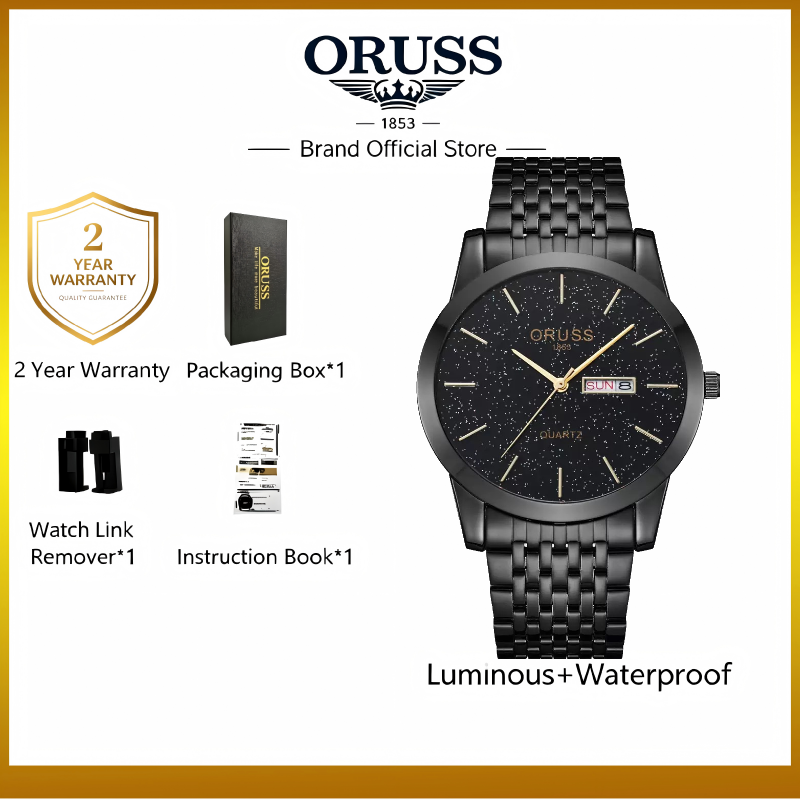 ORUSS 1853 All Black Men Quartz Watch Starry Sky Glitter Dial Stainless Steel Band Wristwatch Luminous Week Date Dual Display Waterproof Minimalist Male Watch With Original Gift Box