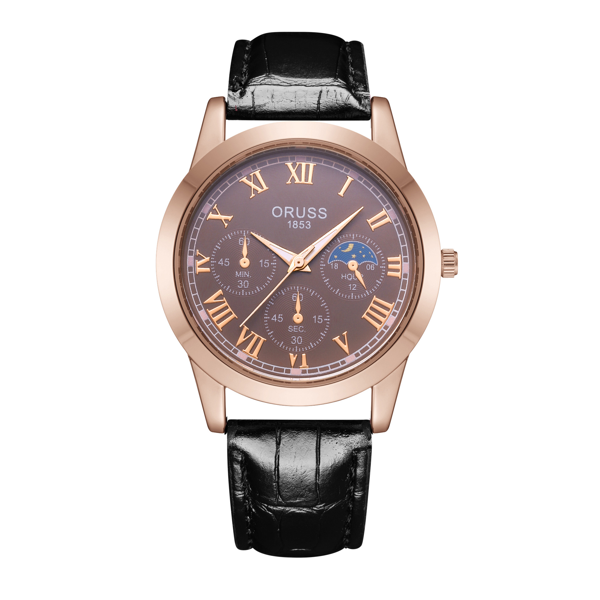 ORUSS Men Business Quartz Watch Round Case Roman Numeral Dial Moon Phase Display Multi Decorative Sub-Dials Crocodile Texture Leather Strap Vintage Male Dress Wrist Watch