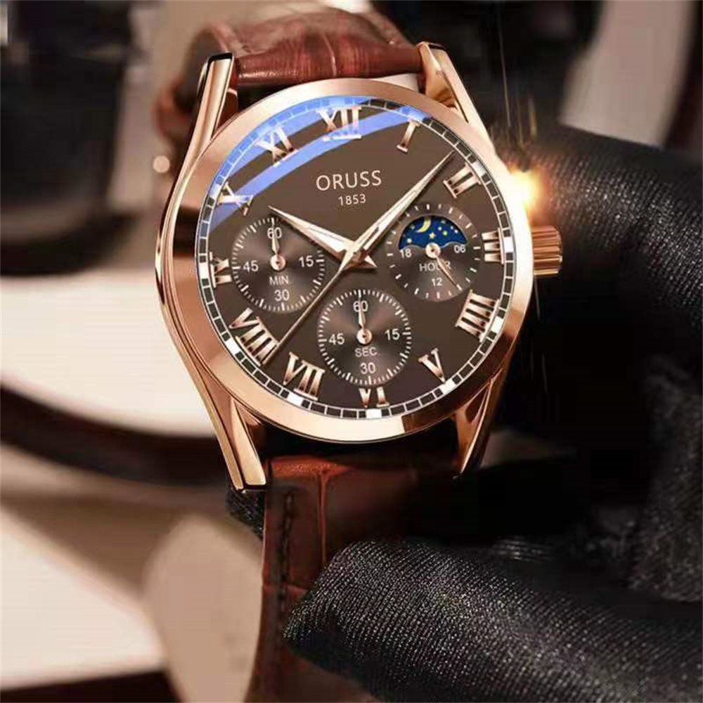 ORUSS Men Business Quartz Watch Round Case Roman Numeral Dial Moon Phase Display Multi Decorative Sub-Dials Crocodile Texture Leather Strap Vintage Male Dress Wrist Watch