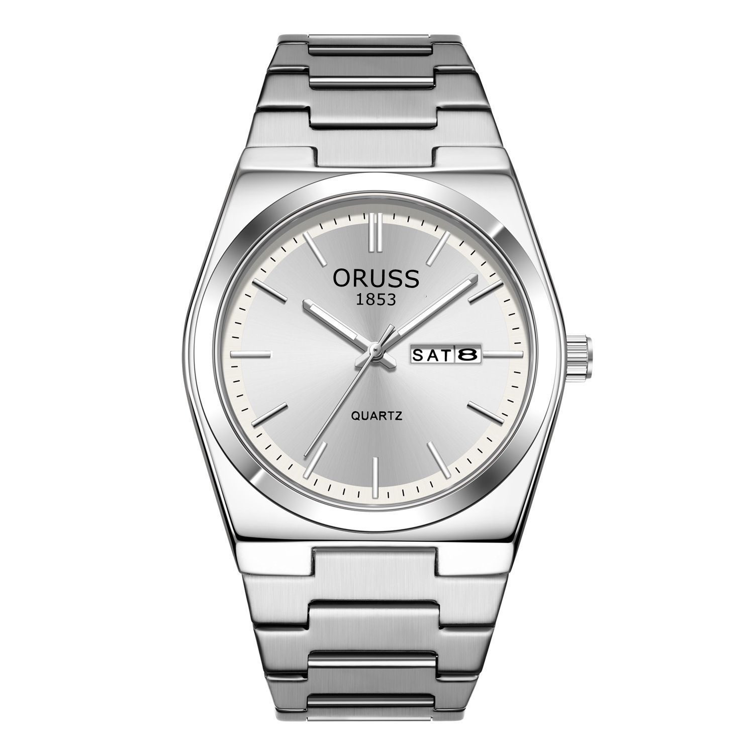 ORUSS 1853 Men's Watch Minimalist Tonneau Style Quartz Watch Brushed Stainless Steel Bracelet Black Blue Sunburst Dial Dual Calendar For Casual Business Wear
