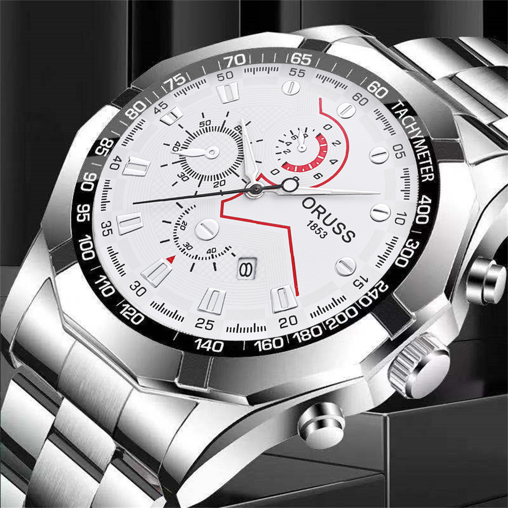 ORUSS Men's Watch Multifunction Three-Eye Chronograph Watch Waterproof Business Stainless Steel Bracelet Wristwatch For Daily Wear Office Work Sports Holiday Gift