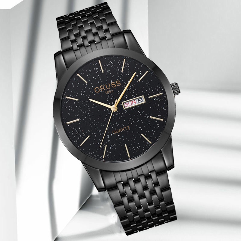 ORUSS 1853 All Black Men Quartz Watch Starry Sky Glitter Dial Stainless Steel Band Wristwatch Luminous Week Date Dual Display Waterproof Minimalist Male Watch With Original Gift Box