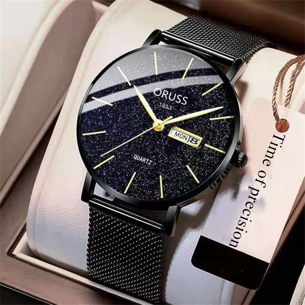 ORUSS 1853 Men Starry Sky Dial Quartz Watch Mesh Steel Band Business Wristwatch Luminous Date Week Display Waterproof Casual Male Watch With Original Gift Box 2 Years Warranty